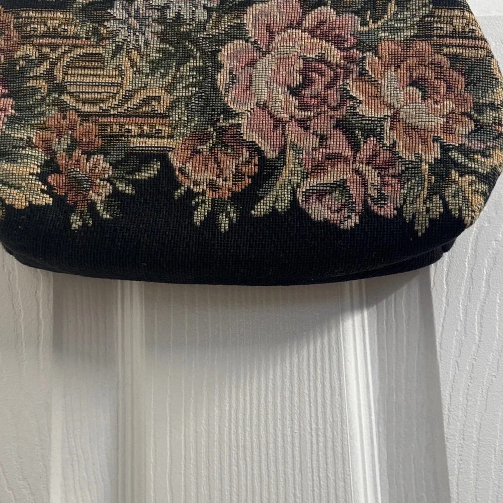 Vintage Needlepoint Floral Tapestry Evening Bag - Black and Pink w/gold hardware